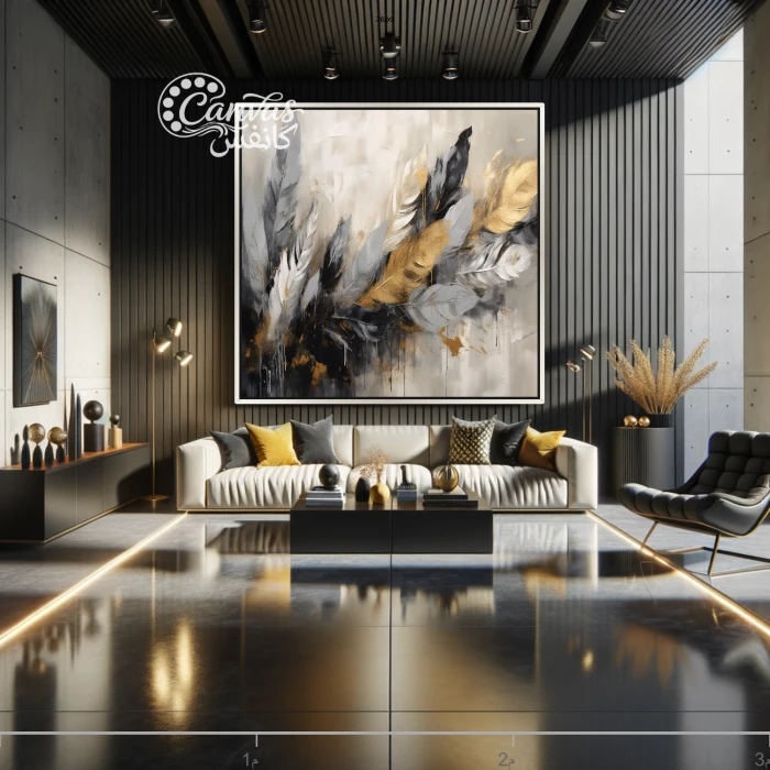 لوحة فن تجريدي بألوان دافئة وباردة مع أشكال هندسية
