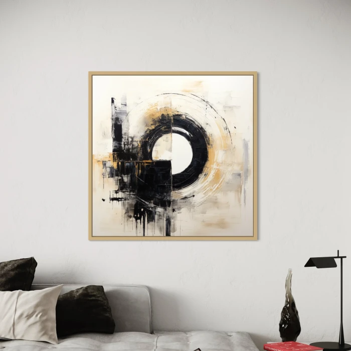 لوحة تجريدية بألوان متباينة وعناصر دائرية