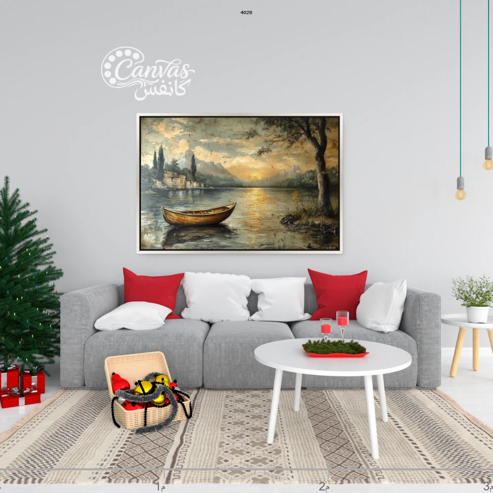 لوحة طبيعية مع قارب في بحيرة