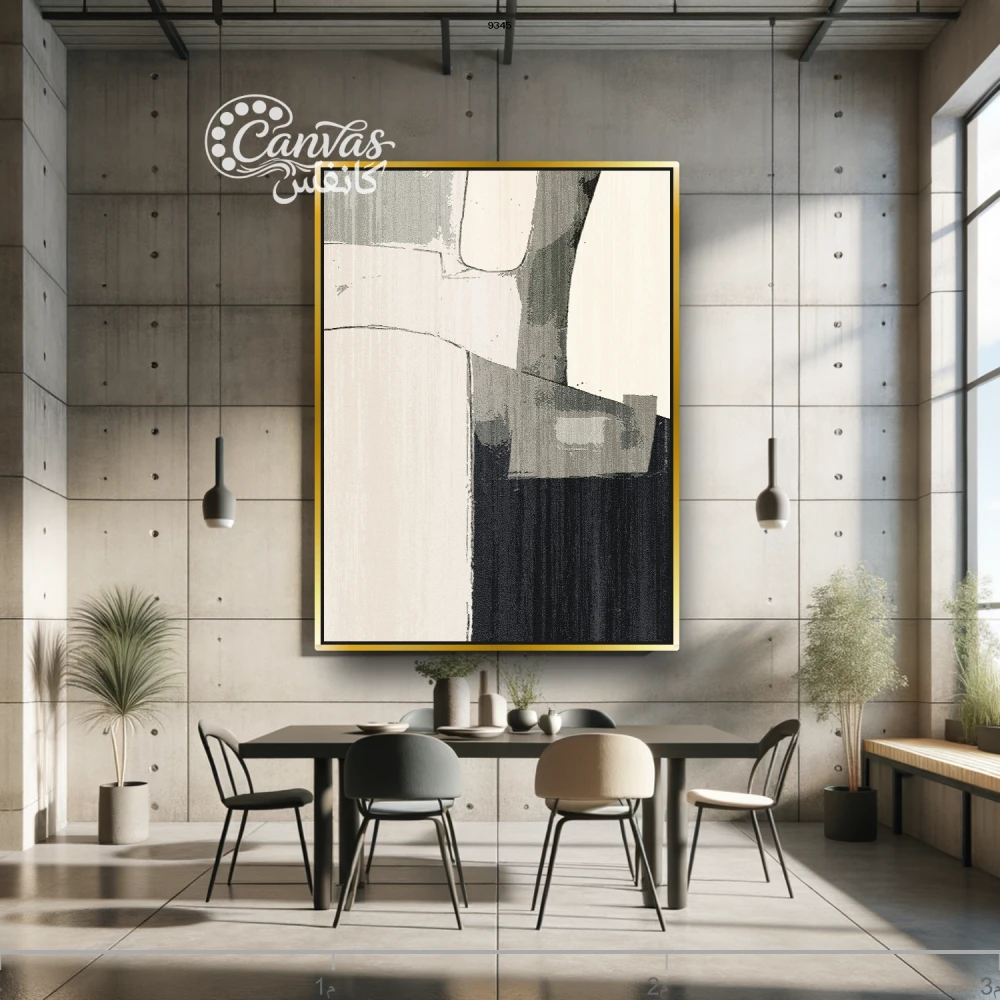 لوحة تجريدية بألوان محايدة وعناصر هندسية