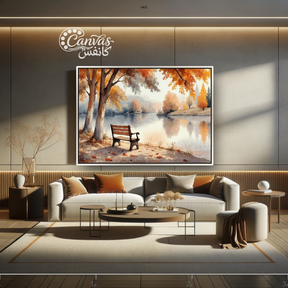 منظر طبيعي خريفي مع كرسي مطل على البحيرة