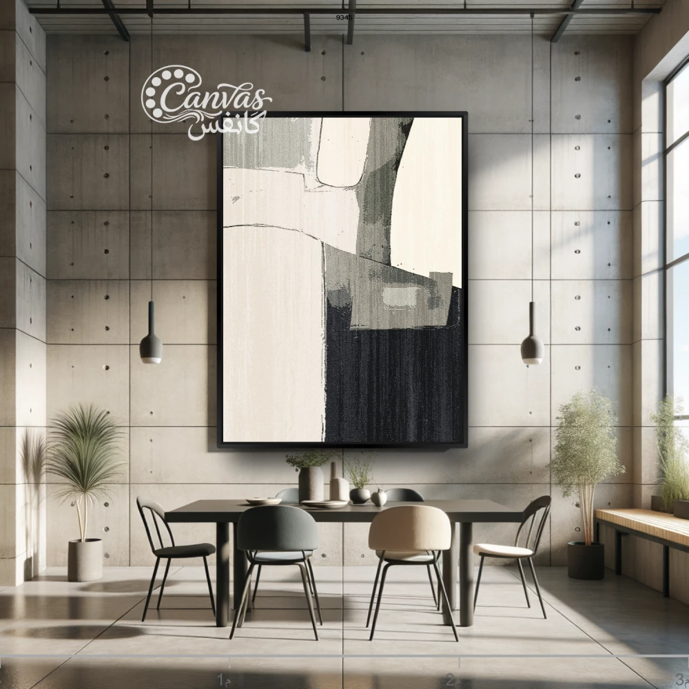 لوحة تجريدية بألوان محايدة وعناصر هندسية