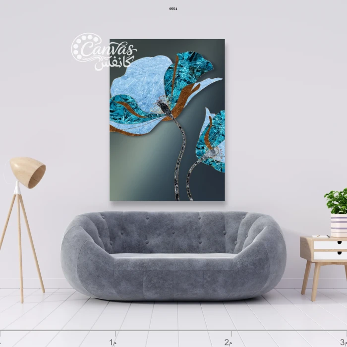 لوحة زهور بتدرجات الأزرق والبرتقالي