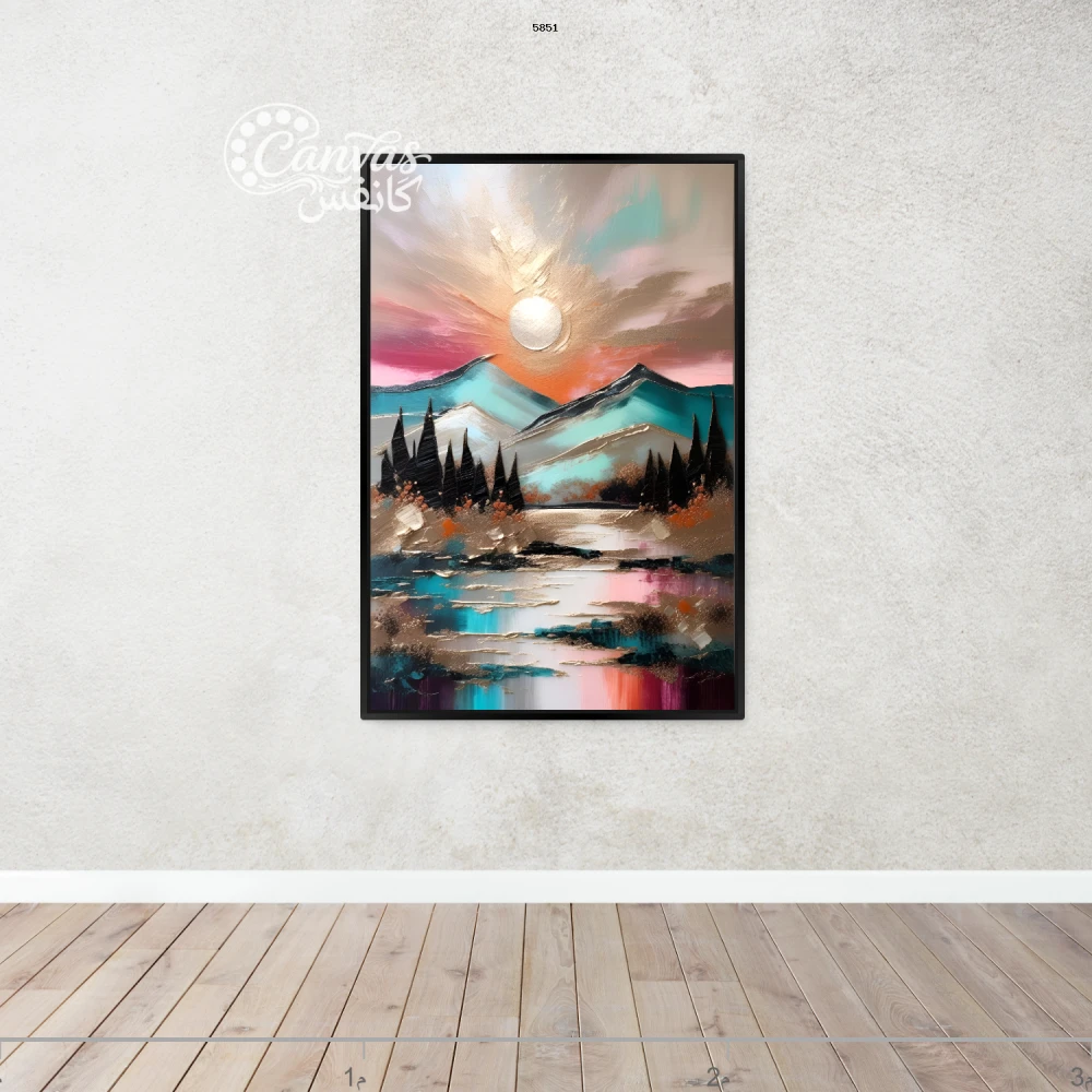 منظر طبيعي جبلي مع بحيرة وشمس غاربة