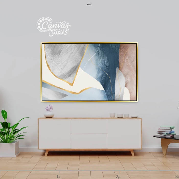 لوحة تجريدية بألوان هادئة وعناصر طبيعية