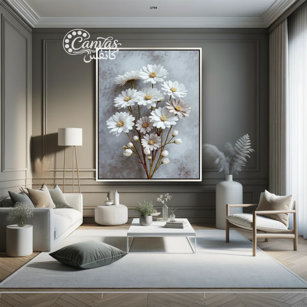 لوحة زهور بيضاء في غرفة حديثة