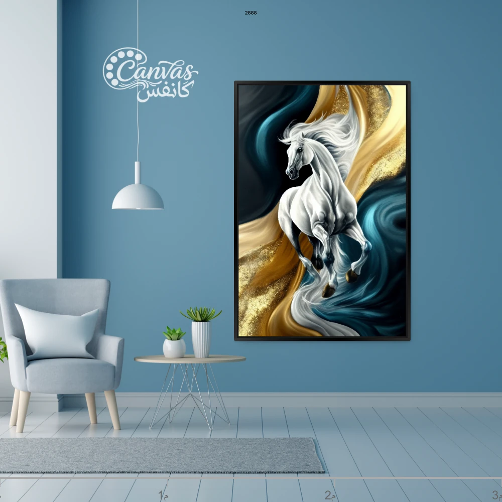 حصان أبيض يركض في أمواج ملونة