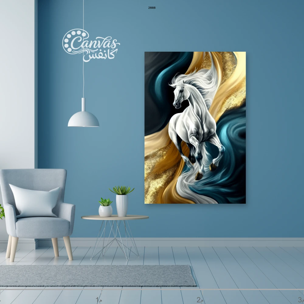 حصان أبيض يركض في أمواج ملونة