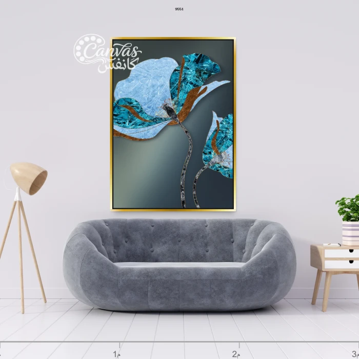 لوحة زهور بتدرجات الأزرق والبرتقالي