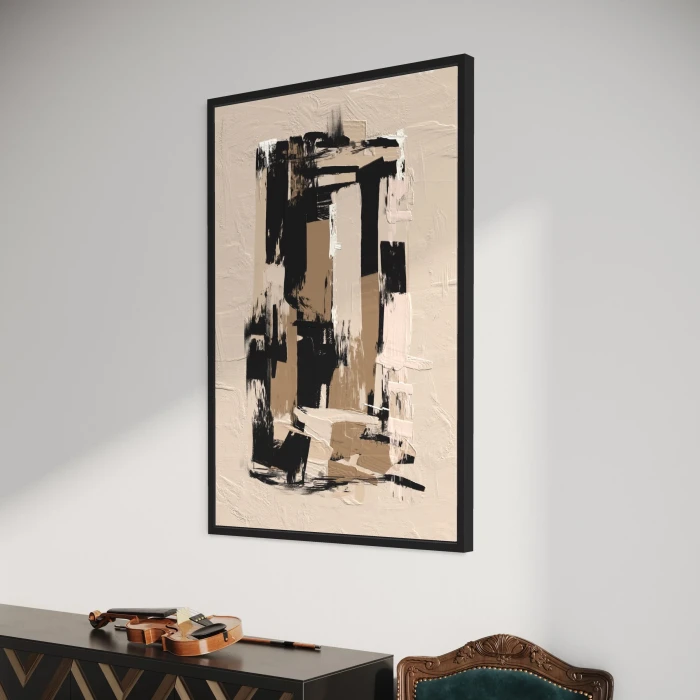 لوحة تجريدية بألوان محايدة وعناصر هندسية