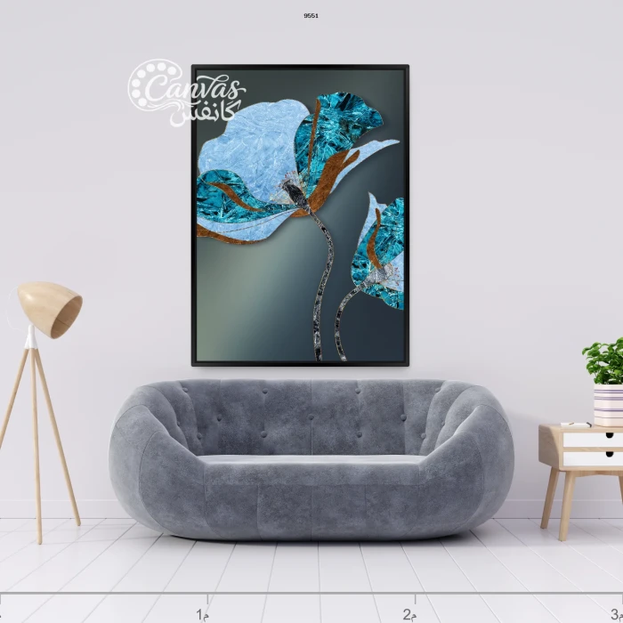 لوحة زهور بتدرجات الأزرق والبرتقالي